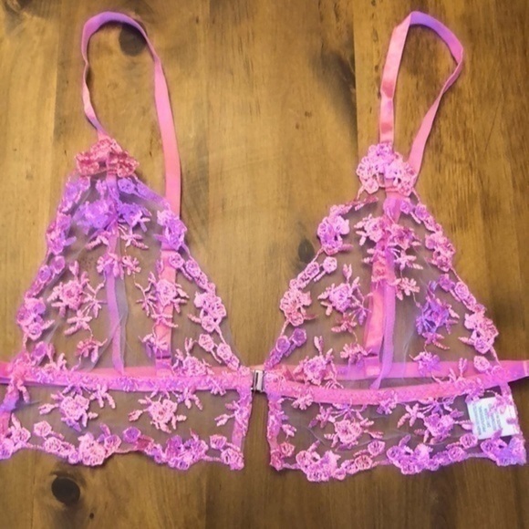 Sheer Lingerie Lace Pink Floral Embroidery Bra and Lace Tie Panty NEW - Picture 4 of 7